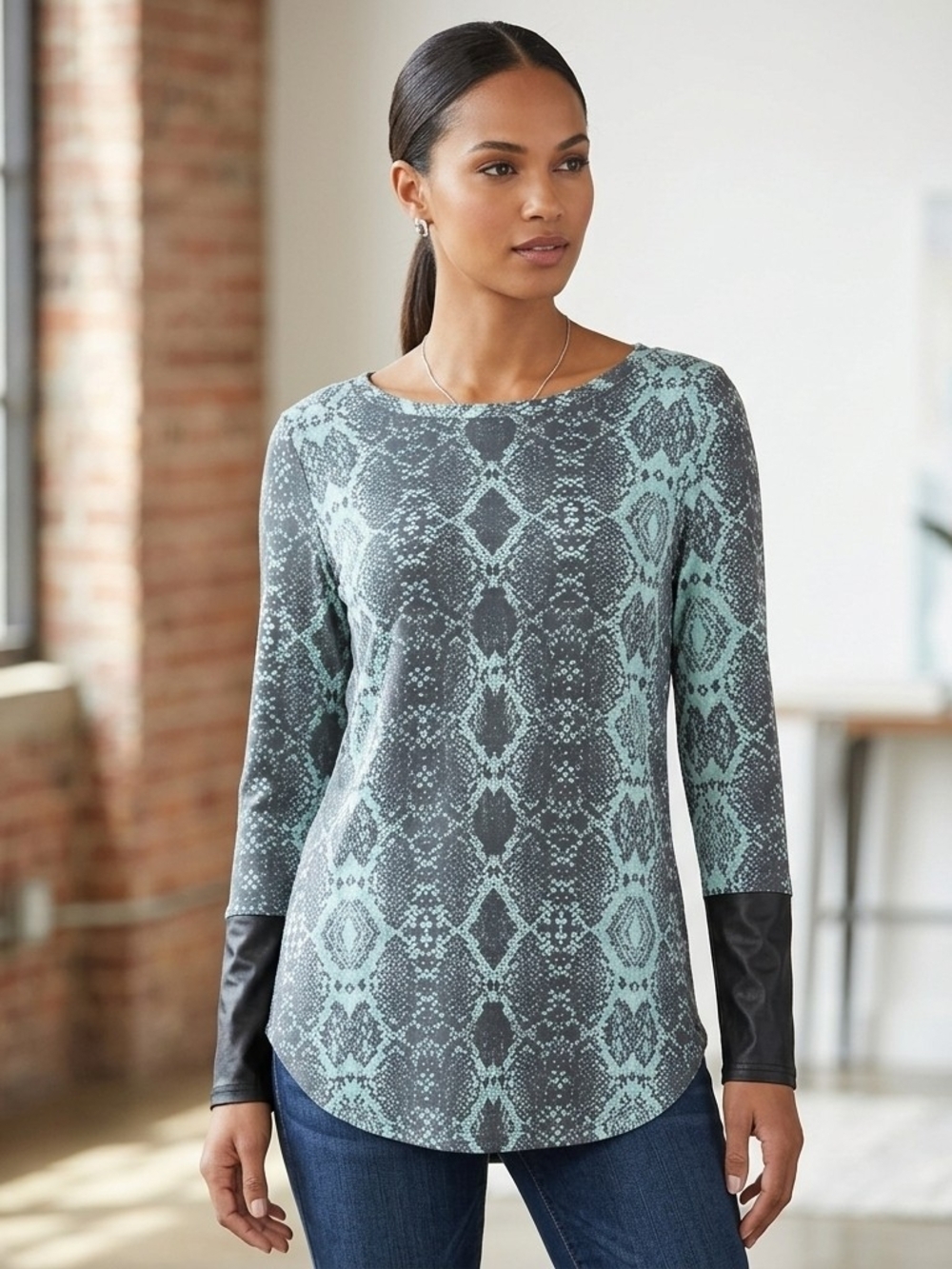 Joseph Mint Green and Gray Snake-Print Top with Faux-Leather Cuffs Size 8